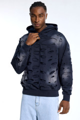 Custom Streetwear Destroyed Hoodie - Gradient Wash & Cut-Out Holes Casual Pullover