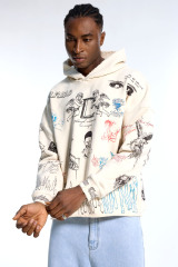 Custom Oversized Cream Hoodie - Multi-Graphic & Raw Edge Detail High Street Sweatshirt