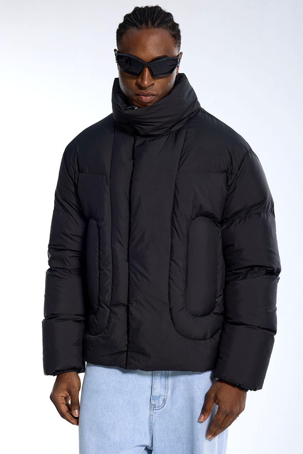 Custom Oversized Black Puffer Jacket - High Collar & U-Shaped Quilt Detail