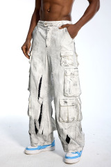 Custom Oversized White Cargo Pants - Multi-Pocket & Distressed Hole Detail High Street Trousers