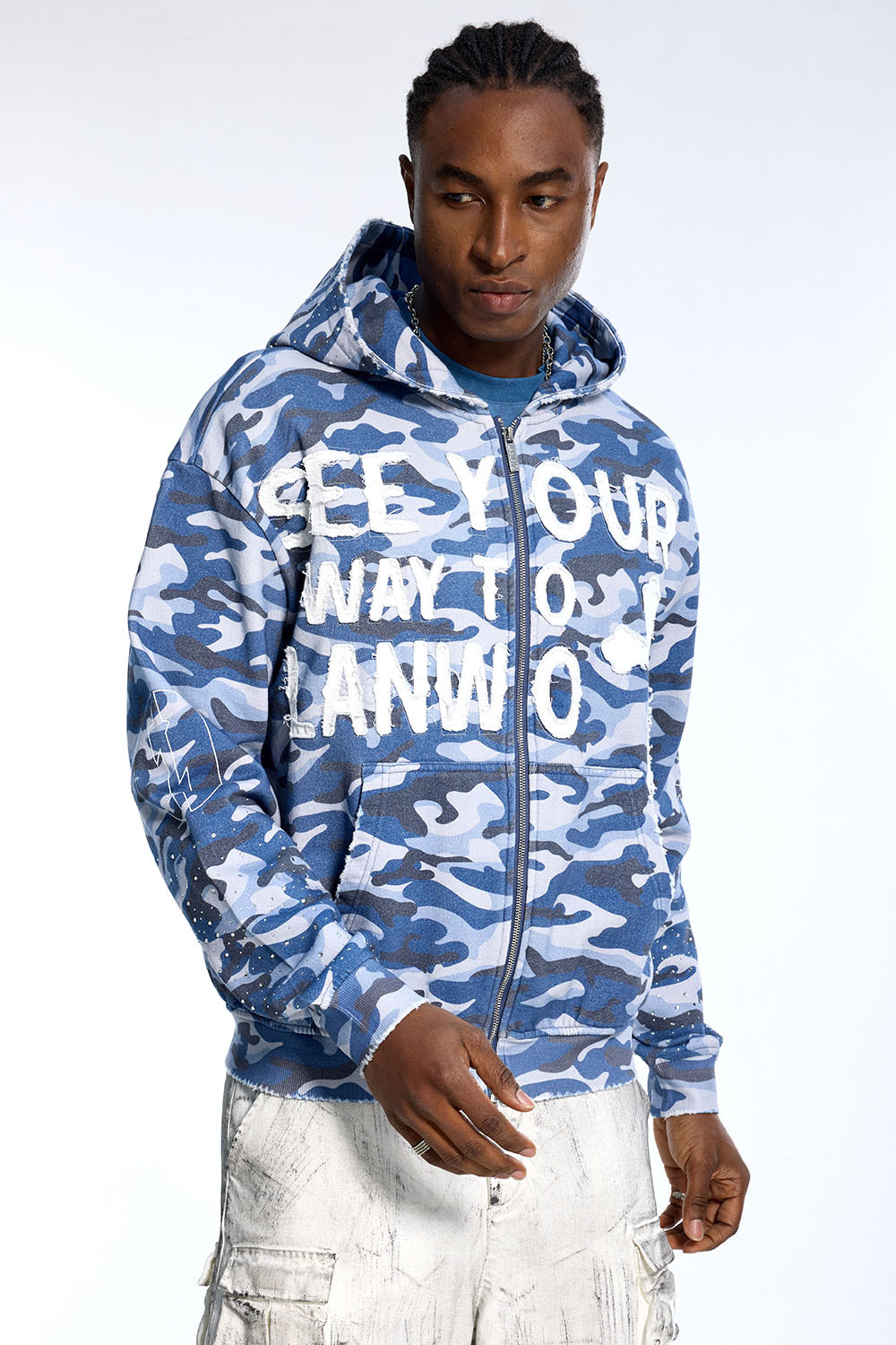 Custom Oversized Camo Hoodie - Rhinestone Detail & Letter Applique High Street Sweatshirt