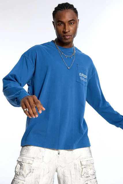 Custom Oversized Blue Long Sleeve T-Shirt - Distressed Hole Detail High Street Top