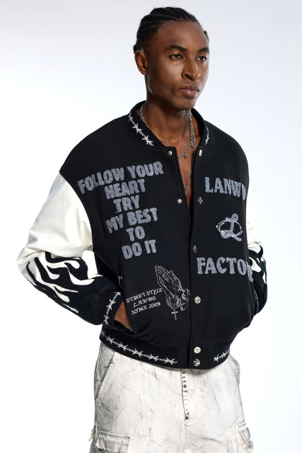 Custom Oversized Black Varsity Jacket - Leather Sleeve & Chenille Patch Detail High Street Coat