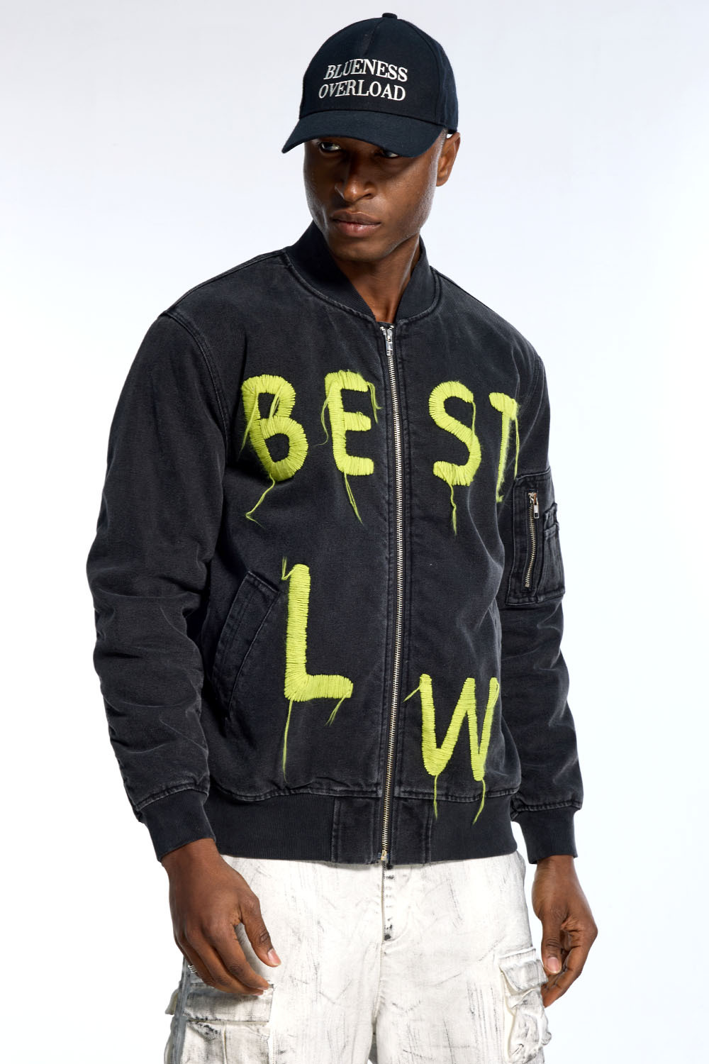 Custom Oversized Black Denim Bomber - Fringed Letter Embroidery High Street Coat