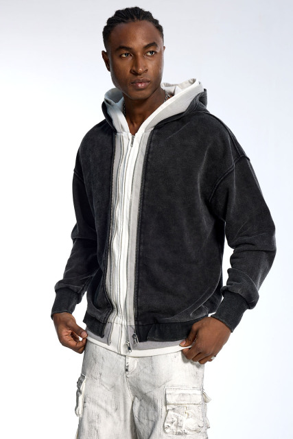 Custom Vintage Black Washed Hoodie - Oversized Fit & Contrast Trim Streetwear Jacket
