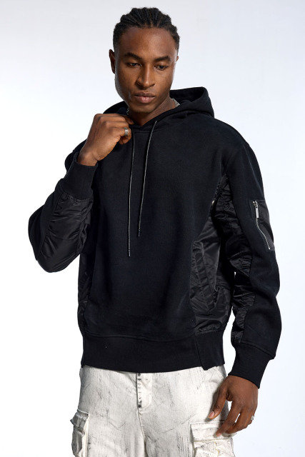 Custom Oversized Black Hoodie - Quilted Nylon Sleeve Detail High Street Sweatshirt