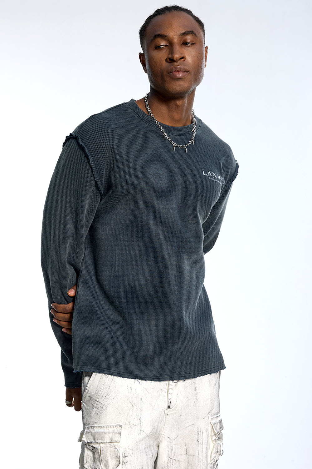 Custom Oversized Dark Grey Long Sleeve - Waffle Knit & Raw Edge Detail High Street Top