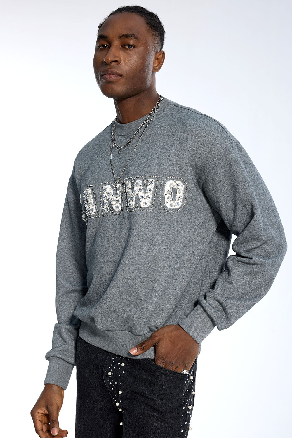 Custom Oversized Grey Sweatshirt - Rhinestone & Pearl Letter Detail High Street Sweatshirt