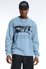 Custom Oversized Light Blue Long Sleeve - Distressed Hole & Graphic Detail High Street Top