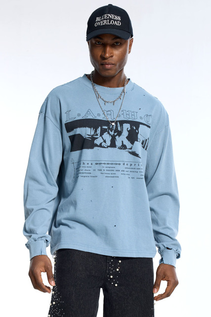 Custom Oversized Light Blue Long Sleeve - Distressed Hole & Graphic Detail High Street Top