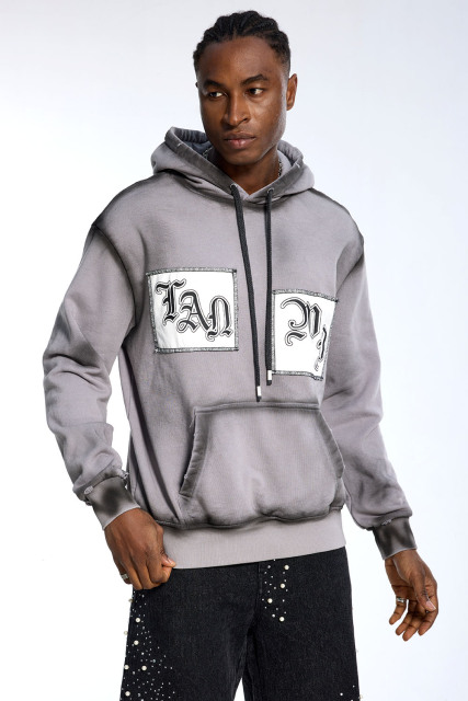 Custom Oversized Grey Hoodie - Gradient Wash & Gothic Letter Patch Detail High Street Sweatshirt