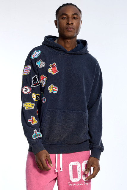 Custom Oversized Navy Hoodie - Vintage Wash & Cartoon Patch Detail High Street Sweatshirt