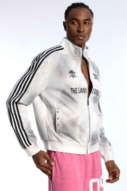 Custom Oversized White Track Jacket - Gradient Wash & Stripe Detail High Street Coat