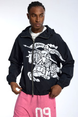 Custom Oversized Black Windbreaker - Knight Print & Hooded Detail High Street Coat