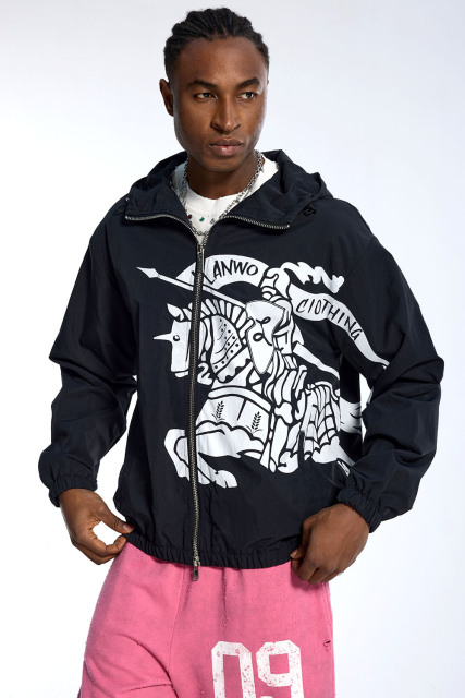 Custom Oversized Black Windbreaker - Knight Print & Hooded Detail High Street Coat