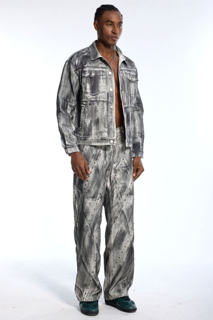 Custom Oversized Denim Jacket & Jeans Set - Vintage Wash & Stud Detail High Street Suit