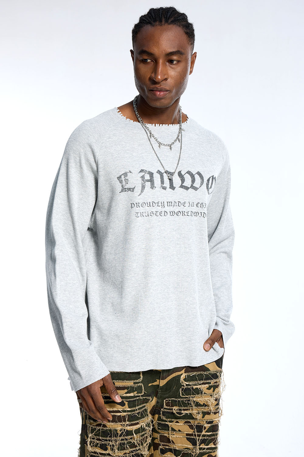 Custom Oversized Grey Long Sleeve - Raw Edge Neck & Gothic Print Detail High Street Top