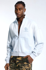 Custom Cropped Light Blue Sweatshirt - Washed Finish & Embroidered Logo Detail High Street Top