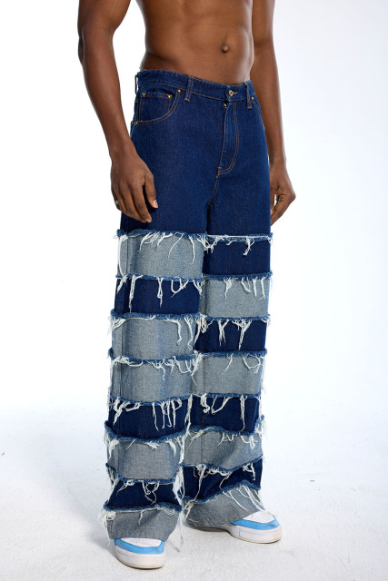 Custom Oversized Wide-Leg Jeans - Layered Patch & Fringe Detail High Street Trousers