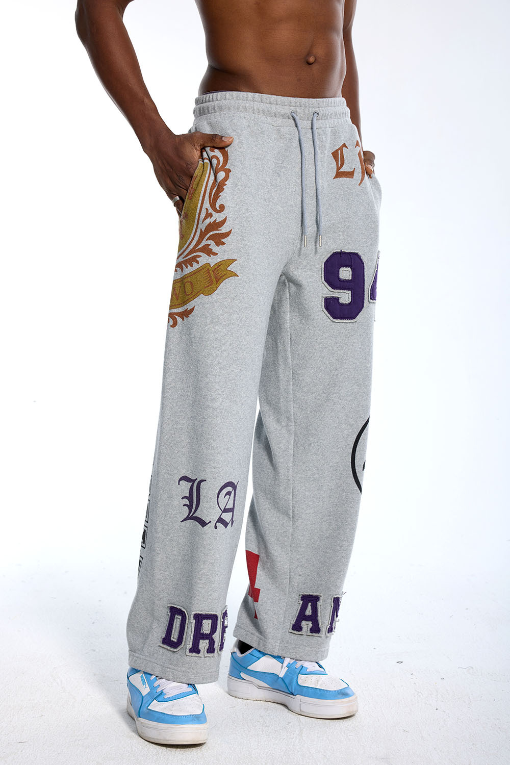 Custom Oversized Grey Sweatpants - Vintage Patch & Embroidered Detail High Street Trousers