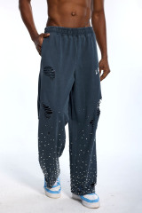 Custom Oversized Distressed Sweatpants - Pearl Stud & Rip Detail High Street Trousers