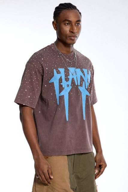 Custom Oversized Washed T-Shirt - Rhinestone & Patch Detail High Street Tee