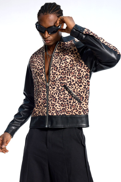 Custom Oversized Leopard Print Bomber Jacket - Black Leather Sleeve Detail High Street Coat