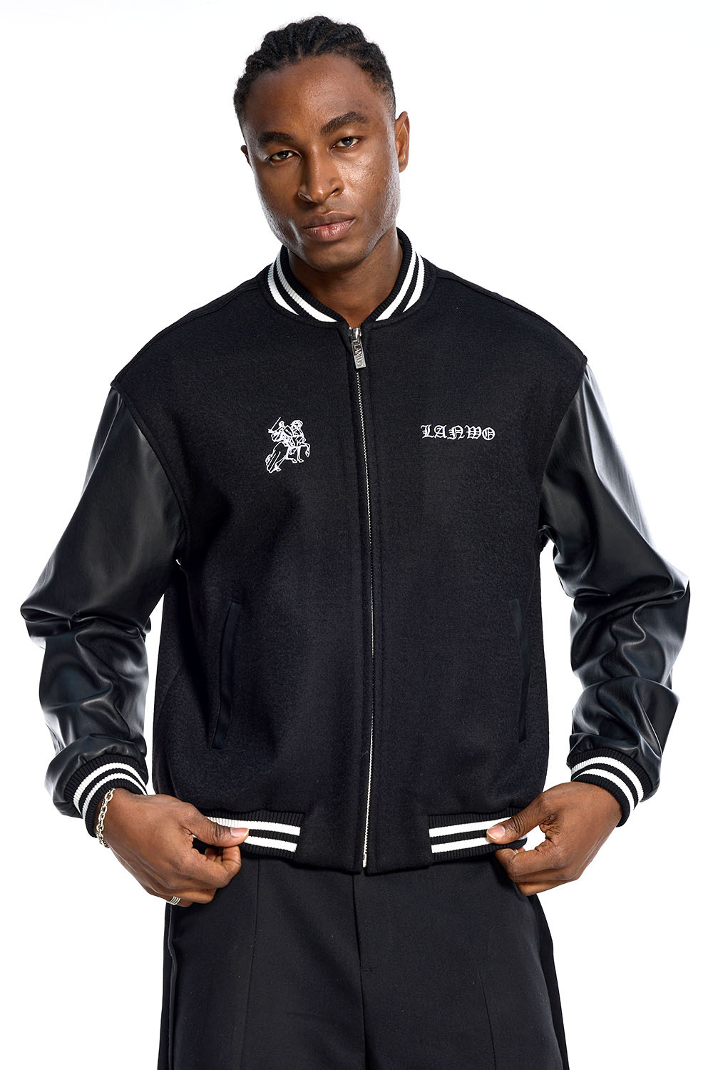 Custom Streetwear Black Varsity Jacket - Contrast Leather Sleeves & Embroidered Detail Casual Bomber