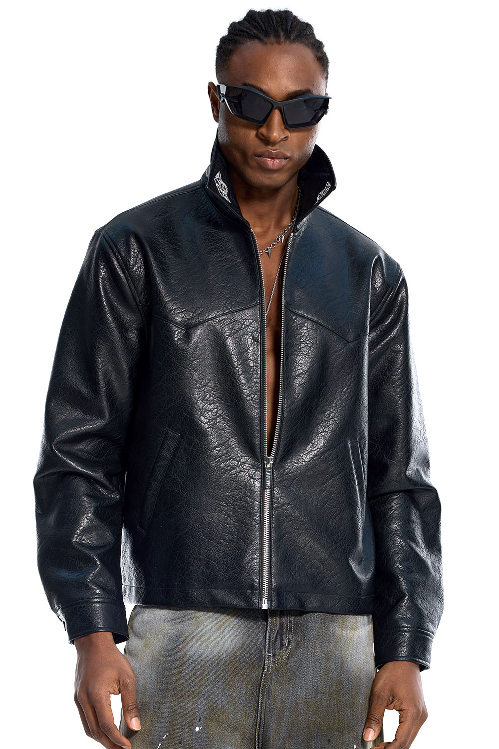 Custom Oversized Black Leather Jacket - Crackle Texture & Collar Embroidery High Street Coat