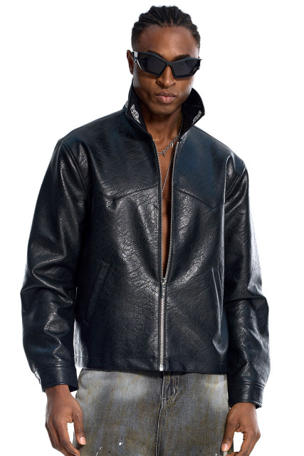 Custom Oversized Black Leather Jacket - Crackle Texture & Collar Embroidery High Street Coat