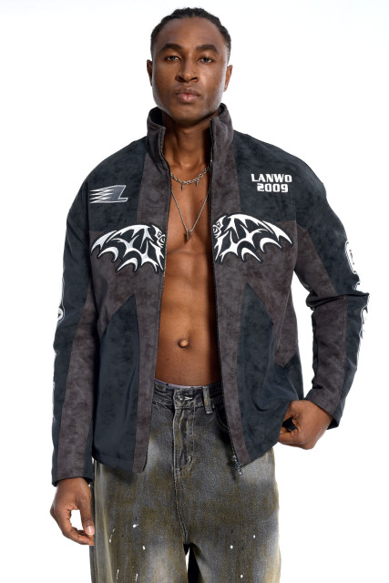 Custom Oversized Dark Grey Jacket - Bat Embroidery & Lightning Bolt Patch High Street Coat