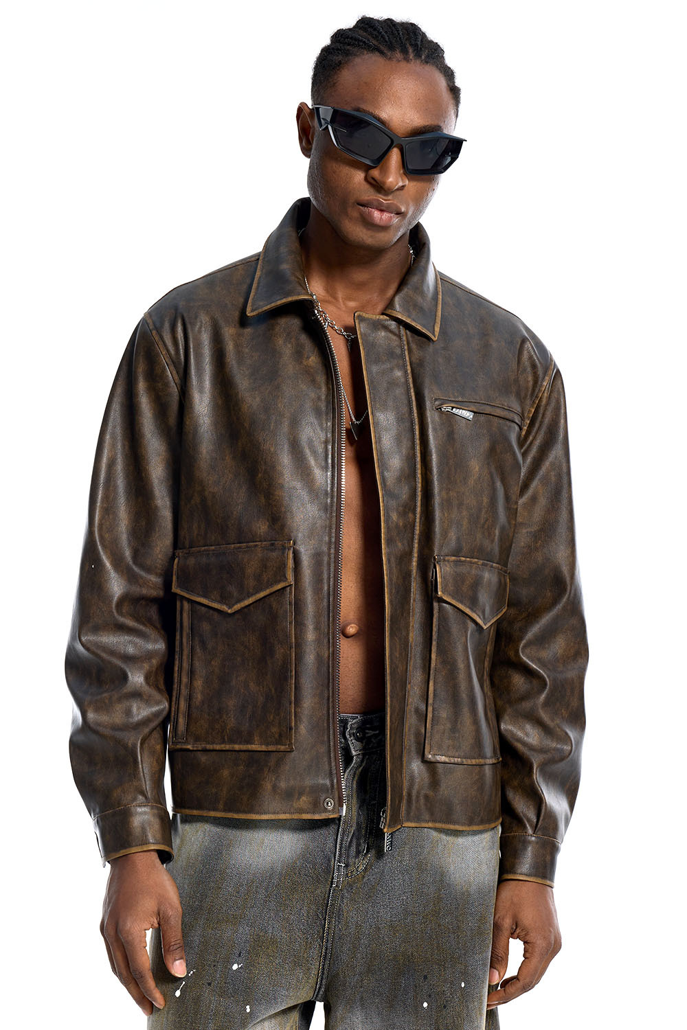 Custom Oversized Brown Leather Jacket - Vintage Wash & Utility Pocket Detail High Street Coat