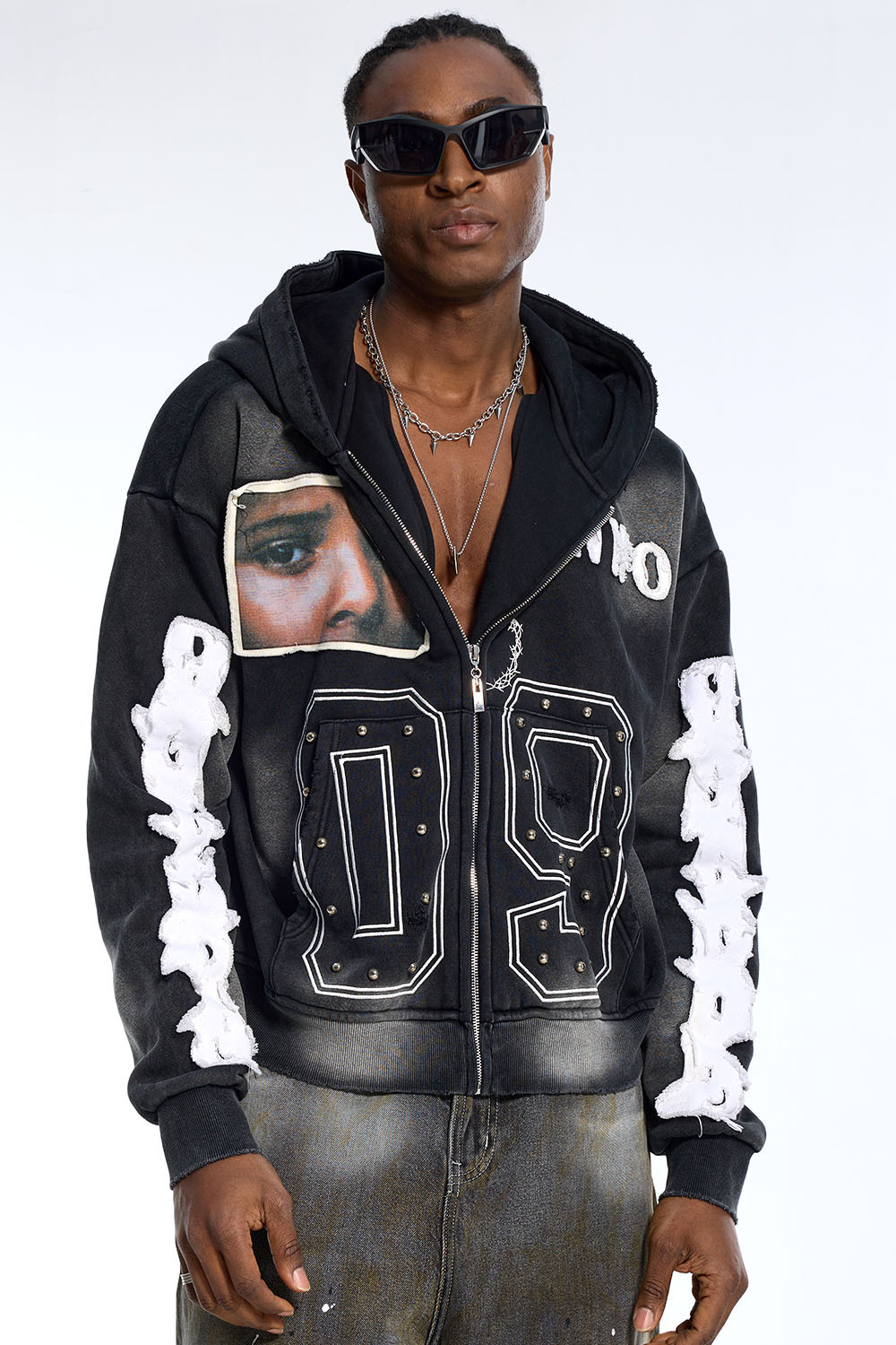 Custom Oversized Black Wash Hoodie - Face Patch & Distressed Sleeve Detail High Street Sweatshirt