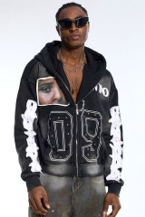 Custom Oversized Black Wash Hoodie - Face Patch & Distressed Sleeve Detail High Street Sweatshirt