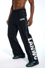 Custom Oversized Black Track Pants - Zipper & Stud Detail High Street Trousers