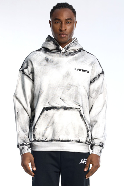 Custom Oversized Black & White Hoodie - Hand-Painted Wash Detail High Street Sweatshirt