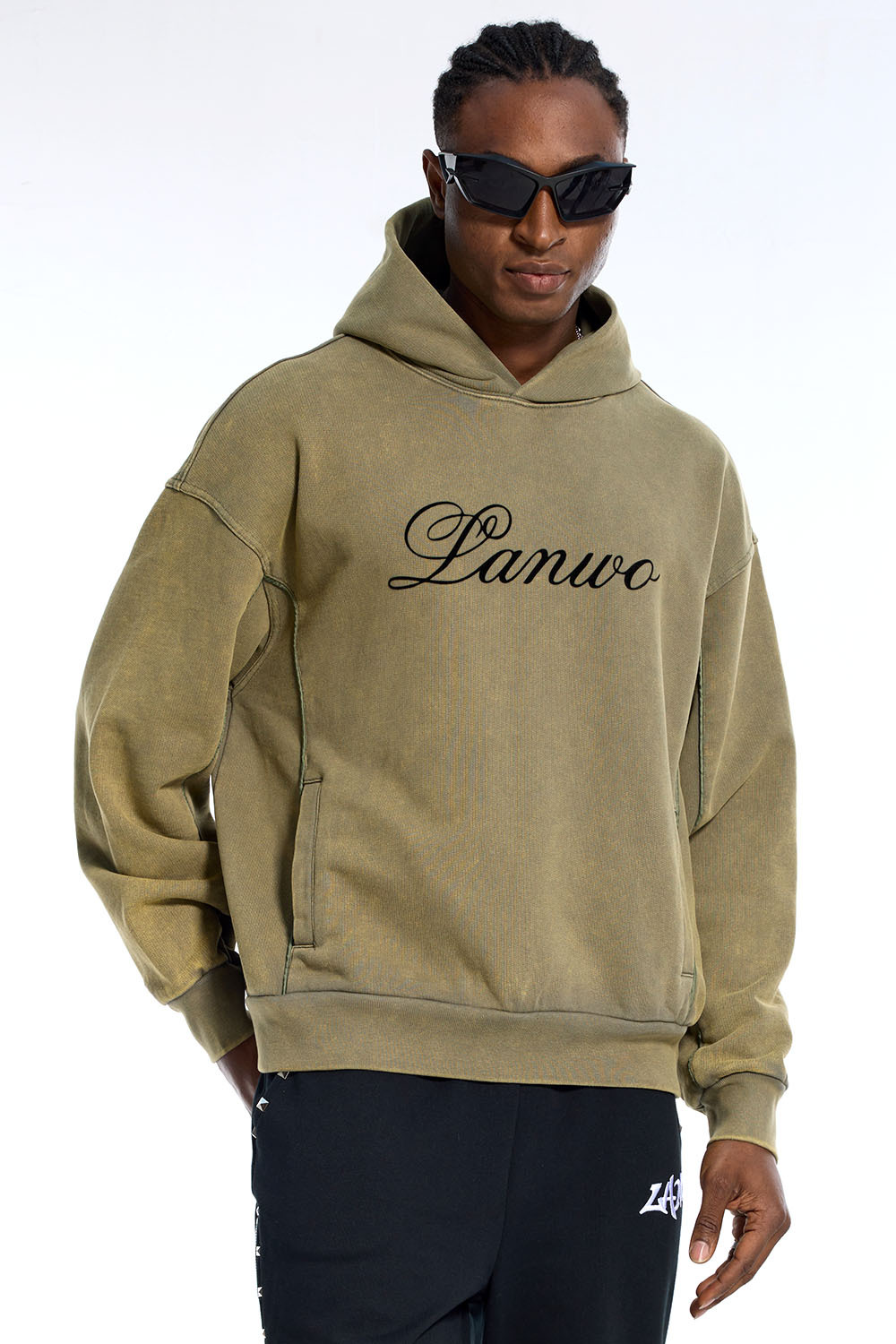 Custom Oversized Olive Hoodie - Vintage Wash & Seam Detail High Street Sweatshirt