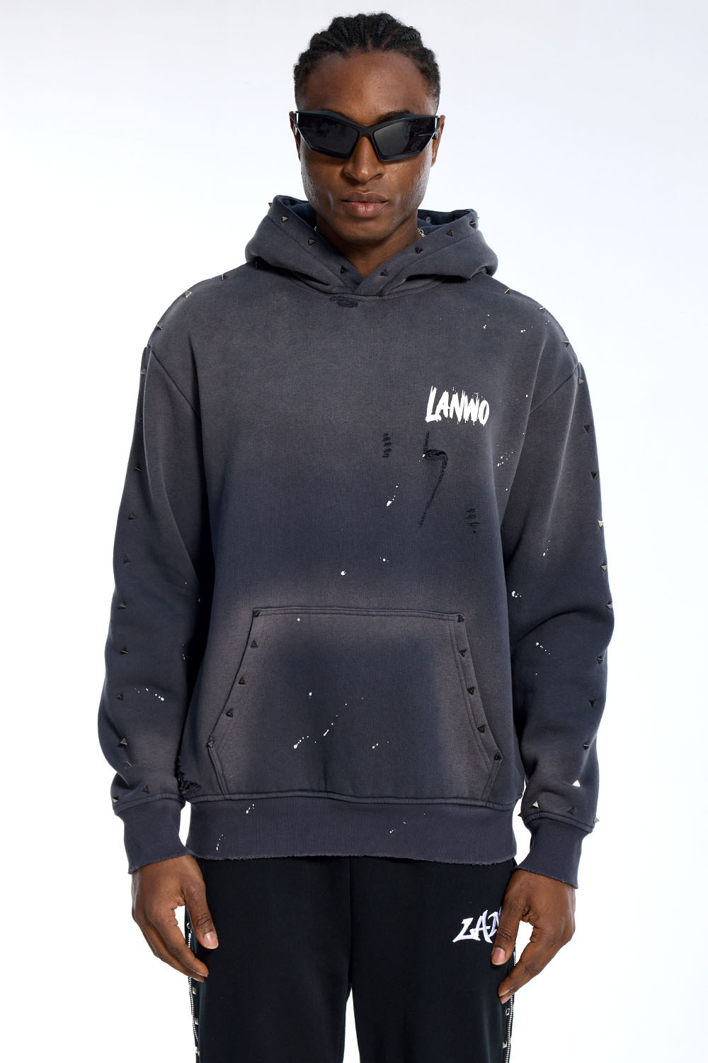 Custom Oversized Dark Grey Hoodie - Studded Detail & Paint Splatter High Street Sweatshirt