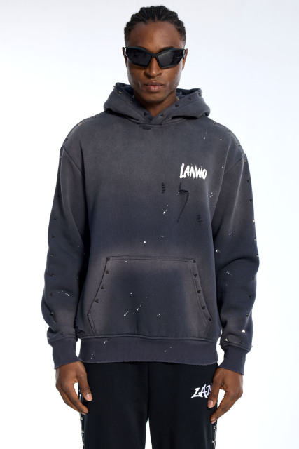 Custom Oversized Dark Grey Hoodie - Studded Detail & Paint Splatter High Street Sweatshirt