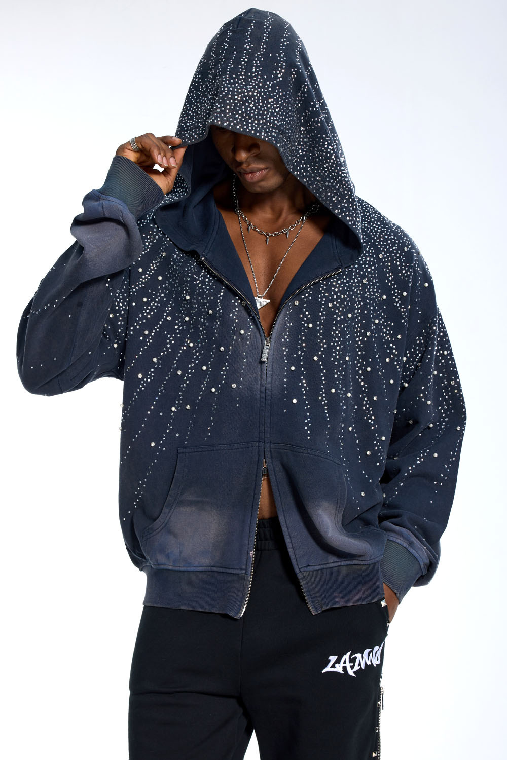 Custom Oversized Navy Wash Hoodie - Rhinestone Drip Detail High Street Sweatshirt