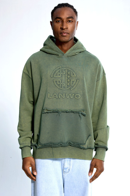 Custom Oversized Green Wash Hoodie - Embossed Detail & Raw Edge Fringe High Street Sweatshirt
