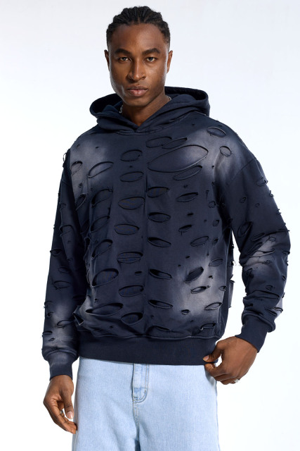 Custom Streetwear Destroyed Hoodie - Gradient Wash & Cut-Out Holes Casual Pullover