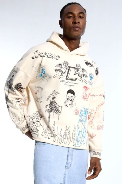 Custom Oversized Cream Hoodie - Multi-Graphic & Raw Edge Detail High Street Sweatshirt