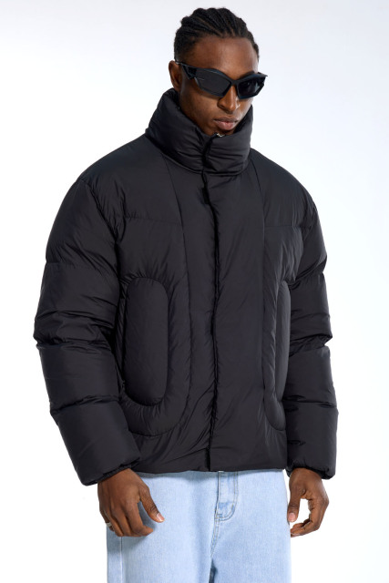 Custom Oversized Black Puffer Jacket - High Collar & U-Shaped Quilt Detail