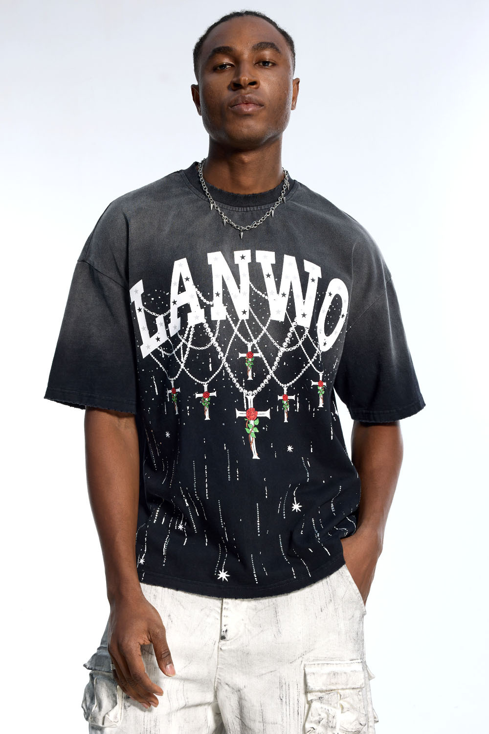 Custom Oversized Black T-Shirt - Chain & Star Graphic Detail High Street Tee