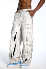 Custom Oversized White Cargo Pants - Multi-Pocket & Distressed Hole Detail High Street Trousers