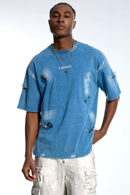 Custom Vintage Blue Washed T-Shirt - Safety Pin Embellished & Oversized Fit