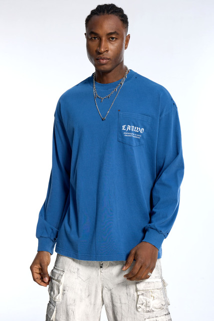 Custom Oversized Blue Long Sleeve T-Shirt - Distressed Hole Detail High Street Top