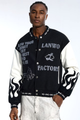 Custom Oversized Black Varsity Jacket - Leather Sleeve & Chenille Patch Detail High Street Coat