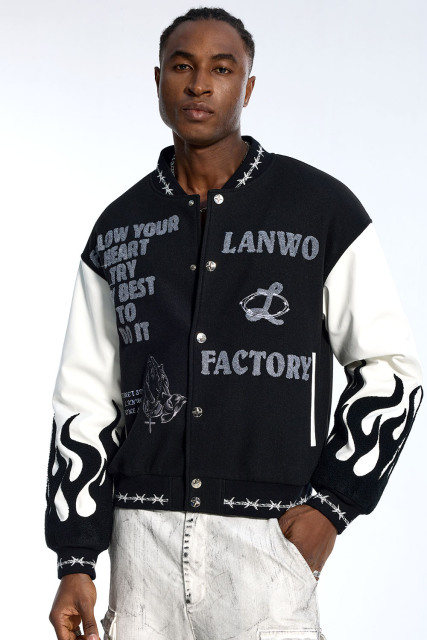 Custom Oversized Black Varsity Jacket - Leather Sleeve & Chenille Patch Detail High Street Coat